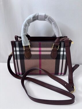 Classic Check Canvas Mini Tote Bag - Pink Stripe Brown Leather Crossbody